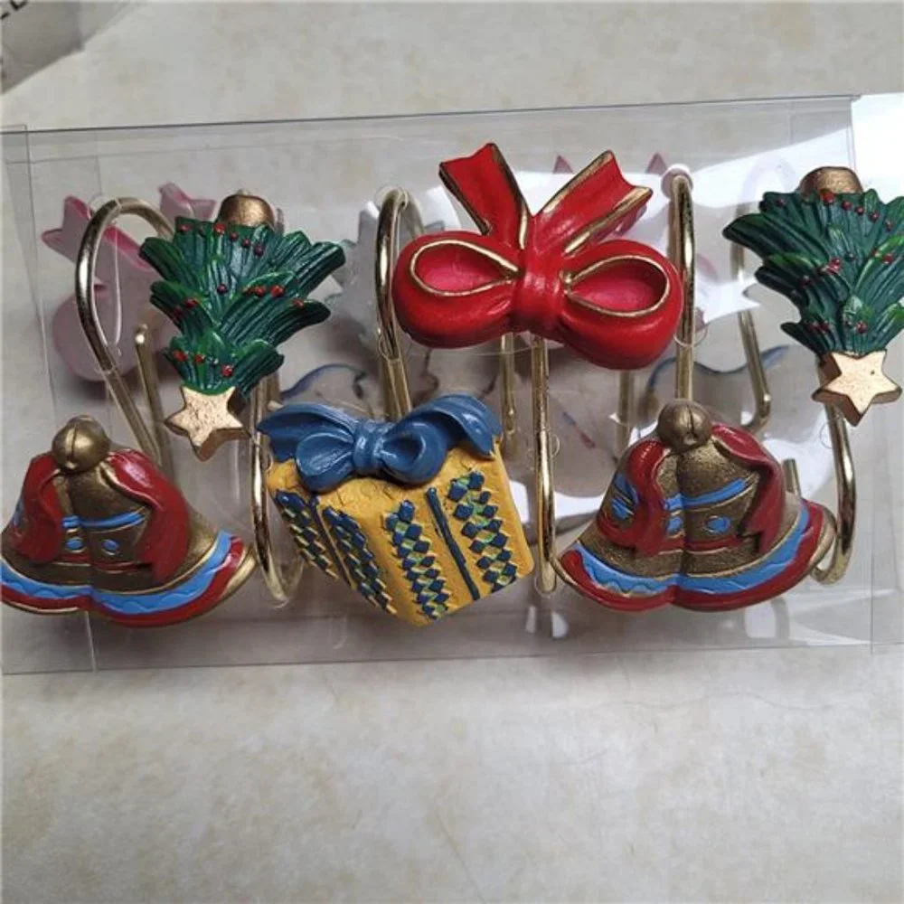 12 Pcs Rust Resistant Decorative Shower Curtain Hooks | Hand-Painted Christmas